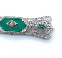 Art Deco 14k Gold Filigree Green Genuine Natural Onyx and Diamond Pin (#J5134)