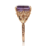 14k Rose Gold Emerald Cut Genuine Natural Amethyst Ring w/ Flowers Size 5 #J6904