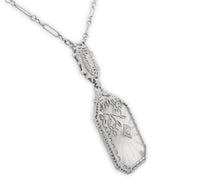 14k Gold Genuine Natural Rock Crystal Quartz Deco Filigree Necklace (#J6881)