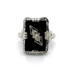 14k White Gold Filigree Genuine Natural Black Onyx and Diamond Ring (#J5573)