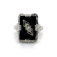 14k White Gold Filigree Genuine Natural Black Onyx and Diamond Ring (#J5573)