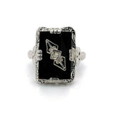14k White Gold Filigree Genuine Natural Black Onyx and Diamond Ring (#J5573)