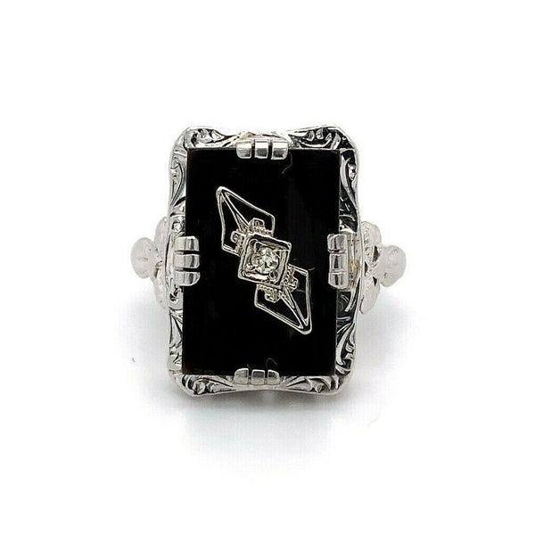 14k White Gold Filigree Genuine Natural Black Onyx and Diamond Ring (#J5573)
