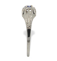 18k White Gold .28ct Blue Genuine Natural Sapphire Engraved Art Deco Ring #J7171