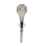 18k White Gold .28ct Blue Genuine Natural Sapphire Engraved Art Deco Ring #J7171