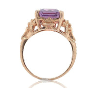 14k Rose Gold Emerald Cut Genuine Natural Amethyst Ring w/ Flowers Size 5 #J6904
