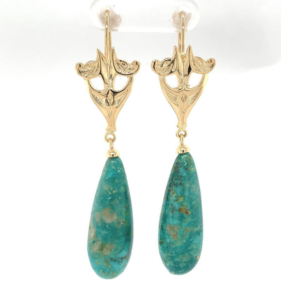 14k Yellow Gold 47.50ct Genuine Natural Fox Turquoise Dangle Earrings (#J6121)