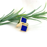 18k Yellow Gold Heavy Modern Genuine Natural Lapis Bypass Ring Size 6.25 #J7308