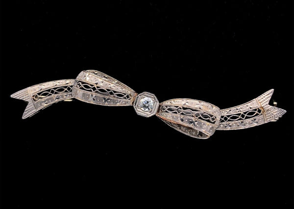 14k White Gold with Platinum Filigree Bow Genuine Natural Diamond Pin (#J5910)