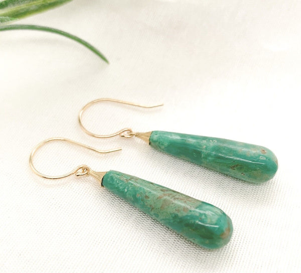 14k Yellow Gold 16.90 Carat Genuine Tyrone Turquoise Briolette Earrings (#J7140)
