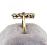 Filigree 18K Gold Ring with Diamonds and Synthetic Lab-Created Rubies (#J6034)