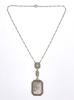 14k White Gold Genuine Natural Rock Crystal Quartz Deco Filigree Necklace #J6173