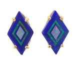14k Gold Genuine Intarsia Stud Earrings Diamond Shaped Opals Inlaid Lapis #J6961