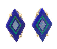 14k Gold Genuine Intarsia Stud Earrings Diamond Shaped Opals Inlaid Lapis #J6961