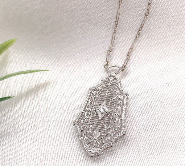 12k and 14k White Gold Genuine Natural Diamond Filigree Pendant w/Chain (#J7189)