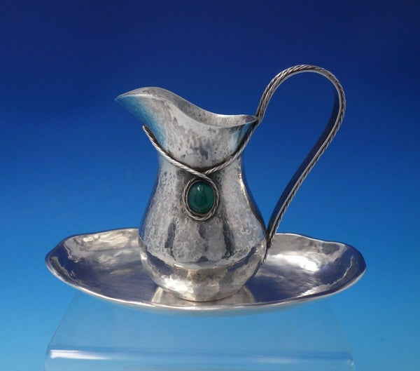 Portuguese Sterling Silver Creamer and Underplate Green Stone Rope Border #4988