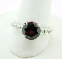 14k White Gold Round Red Genuine Natural Garnet Ring with Diamonds (#J4394)