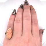 Victorian Genuine Natural Coral Cameo 14K Yellow Gold Ring Size 5.75 (#J5976)