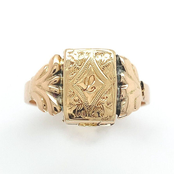 10k and 14k Gold Victorian Poison Ring Hidden Compartment Size 6 (#J6352)