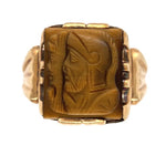 10k Gold Men's Genuine Tiger's Eye Quartz Double Warrior Cameo Ring (#J7061)