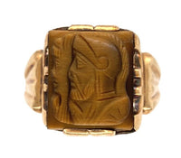 10k Gold Men's Genuine Tiger's Eye Quartz Double Warrior Cameo Ring (#J7061)