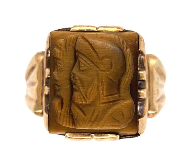 10k Gold Men's Genuine Tiger's Eye Quartz Double Warrior Cameo Ring (#J7061)
