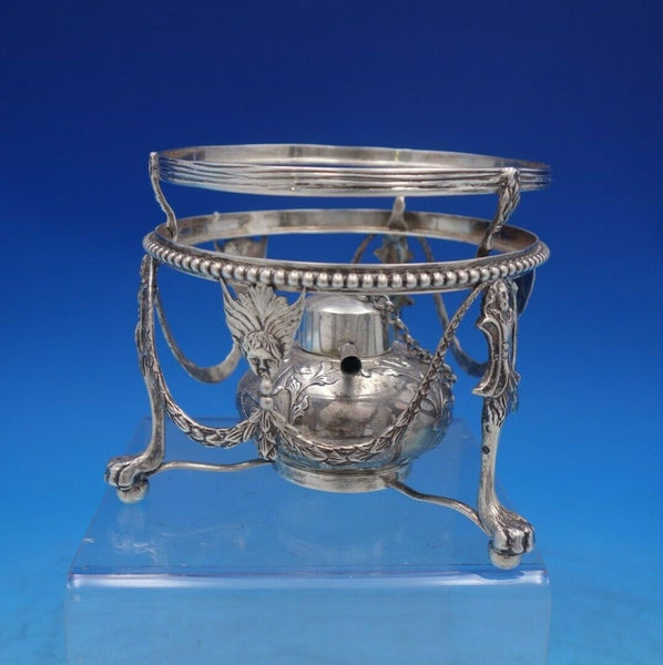 Dutch .833 Silver Warming Stand with Burner Cast Figural Faces Swags Birds #6534
