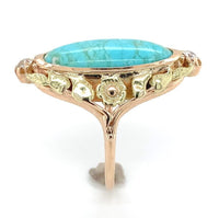 10k Gold Arts and Crafts Campito Genuine Natural Turquoise Flowers Ring (#J6560)