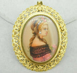 Large 18K Yellow Gold Pierced Hand Painted Portrait Pendant (#J4312)