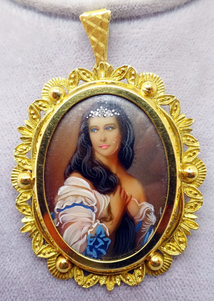 18k Hand Painted Portrait Pin / Pendant with Genuine Natural Diamonds (#J3419)
