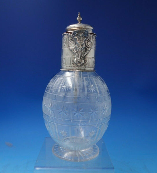 JK TH and GW English Sterling Silver Decanter with Cut Crystal Bearded Man #5858