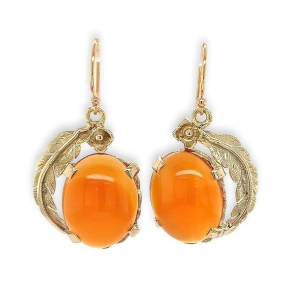 10k and 14k Handwrought Drop Genuine Natural Carnelian Earrings w/Leaves #J6688