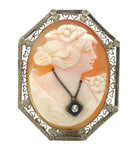 14k Gold Shell Cameo Pin Pendant Art Deco Filigree Frame with Diamond (#J6888)