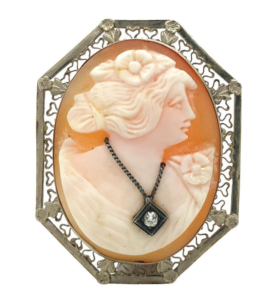 14k Gold Shell Cameo Pin Pendant Art Deco Filigree Frame with Diamond (#J6888)