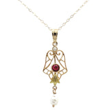 10k Yellow Gold Lavaliere with Pearl Drop and Red Glass Accent w/Chain (#J7193)