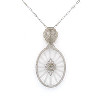 14k Gold Art Deco Genuine Natural Rock Crystal Quartz Diamond Pendant (#J5603)