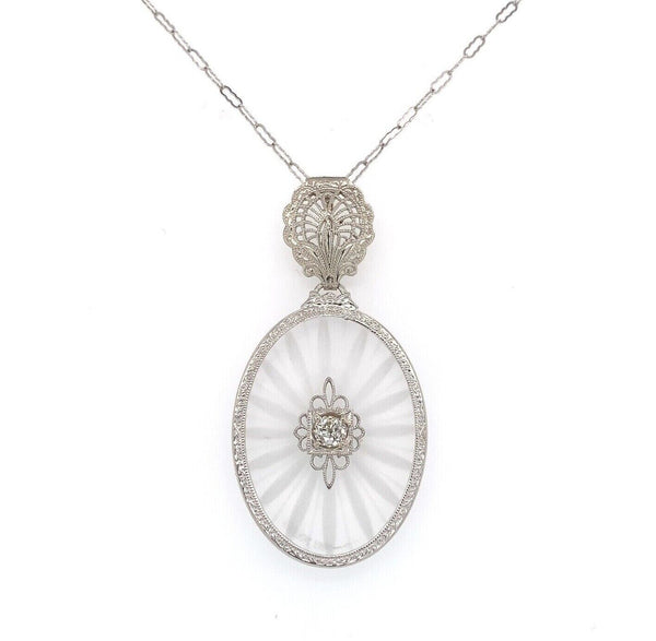 14k Gold Art Deco Genuine Natural Rock Crystal Quartz Diamond Pendant (#J5603)