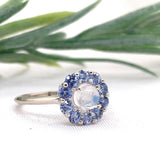 14k White Gold Genuine Natural Moonstone and Blue Sapphire Ring Size 7 (#J7617)