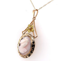 9k Rose Yellow Gold Genuine Natural Coral/Shell Cameo Pendant Necklace (#J5784)