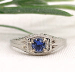 18k White Gold .28ct Blue Genuine Natural Sapphire Engraved Art Deco Ring #J7171