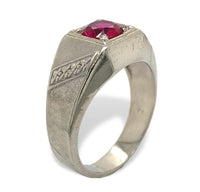 14k White Gold Men's Synthetic Lab-Created Ruby Ring Size 10.25 (#J7066)