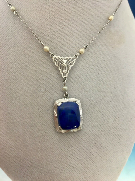 Art Deco 10k White Gold Filigree Lapis Pendant (#J5209)