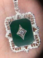10k Gold Art Deco Genuine Natural Green Onyx Diamond Filigree Pendant (#J5315)