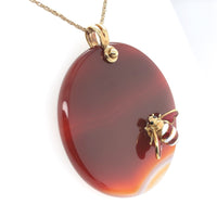 14k Yellow Gold Enamel Bee on Large Genuine Natural Agate Disk Pendant (#J6232)