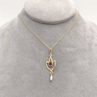 10k Gold Lavaliere with Pearl Drop and Red Glass Accent with 14k Chain (#J6678)