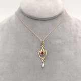 10k Gold Lavaliere with Pearl Drop and Red Glass Accent with 14k Chain (#J6678)