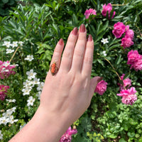 14k Gold Arts and Crafts Genuine Coral Cameo Ring Handwrought Flowers (#J7335)