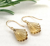 14k Gold Genuine Natural Citrine Carved Fan Shaped Drop Earrings (#J7520)