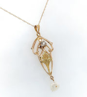 10k Yellow Gold Diamond Lavaliere Pendant w/ Leaf Motif and Pearl Drop (#J6440)