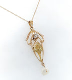 10k Yellow Gold Diamond Lavaliere Pendant w/ Leaf Motif and Pearl Drop (#J6440)